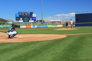 Photo: Throwing out the first pitch is 10-year-old Billy McGreal of Peoria.  His non-profit Billy’s Place is a beneficiary of the Peoria Spring Training’s Charity Game between the Mariners and Padres March 4, from which nearly all money went to charity. 