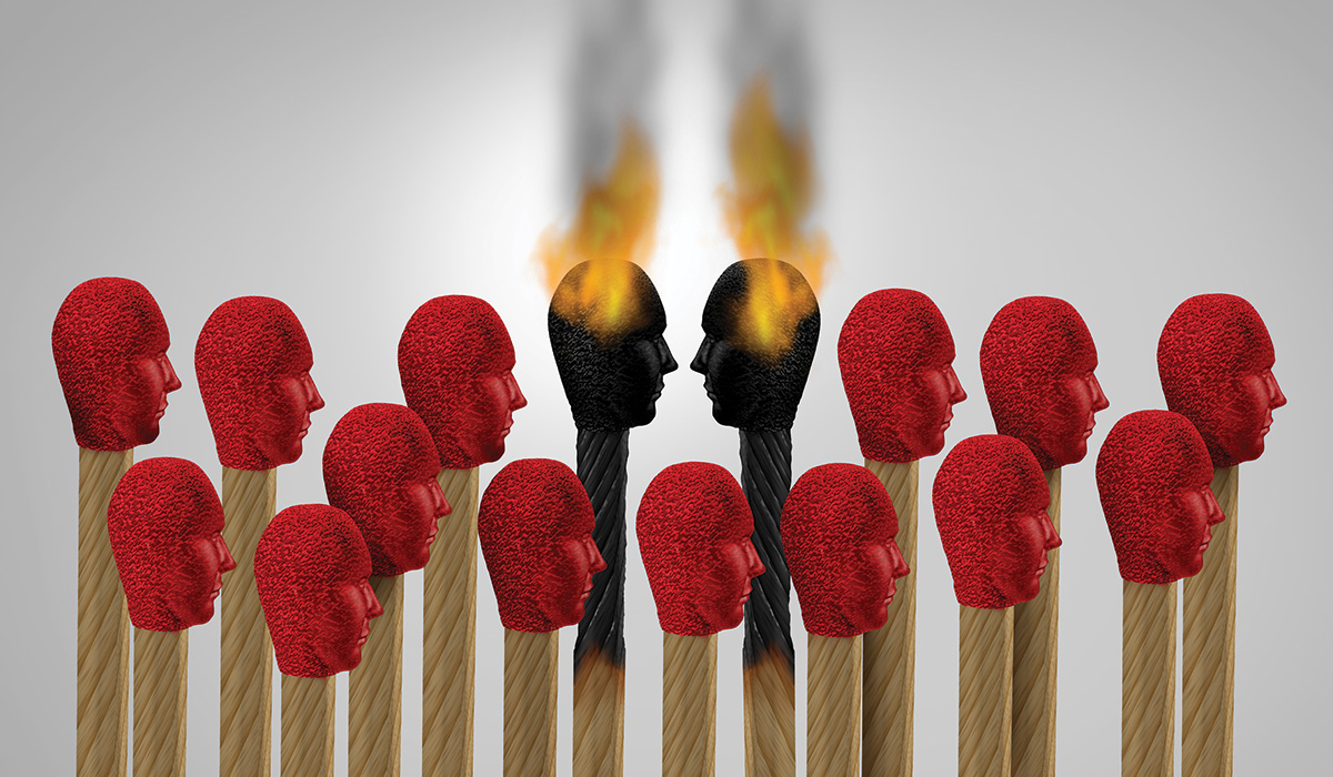 Illustration of matches with faces for tips with two on fire to represent hot heads.