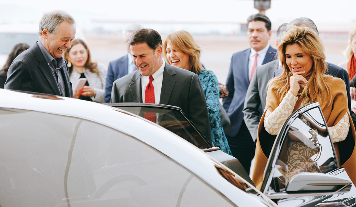 Governor Doug Ducey and Sonora Governor Claudia Pavlovic join Lucid Motors CEO Peter Rawlinson in December 2019 at a groundbreaking for the company’s factory in Casa Grande